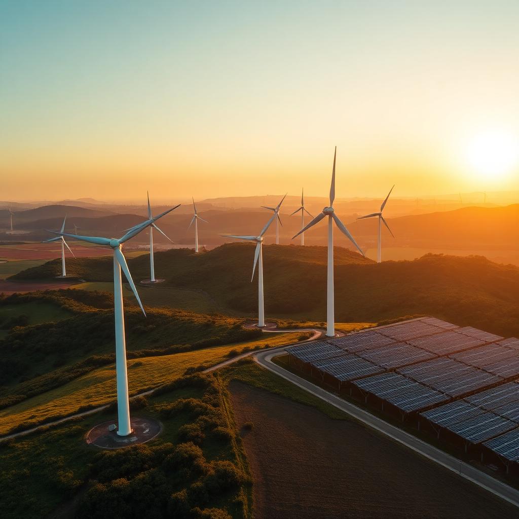 Turbinas eólicas e painéis solares ao amanhecer